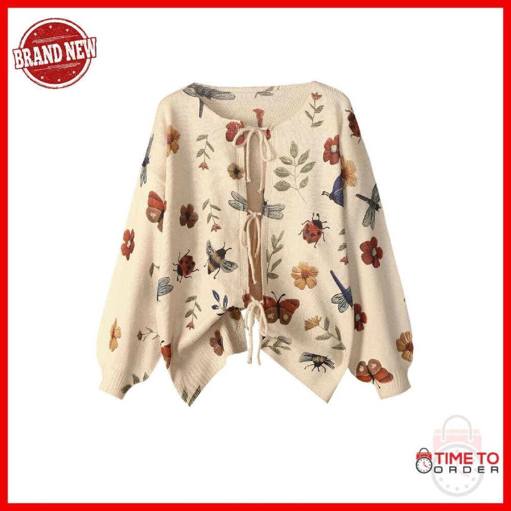 Plus Size Chunky Knit Bow Cardigan Sweater Tie Front Floral Open Front